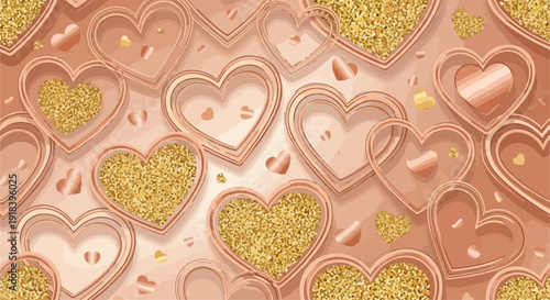 Sfondo elegante con cuori scintillanti in oro rosa e glitter dorato, perfetto per celebrazioni romantiche.