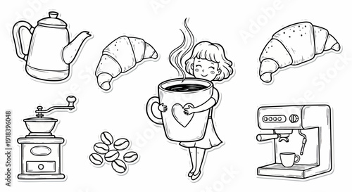 Illustrazioni vettoriali in bianco e nero di elementi per la colazione e il caffè, con ragazza, croissant e macchina da caffè.