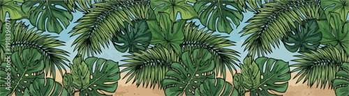 Bezszwowy wektorowy wzór tropikalnych liści, takich jak monstera i palmy, z piaskiem i błękitnym niebem, idealny na lato i dżunglę.