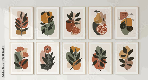 Set di dieci quadri astratti con stampe botaniche e frutta stilizzata in colori terra, perfetti per un arredamento moderno e boho chic.
