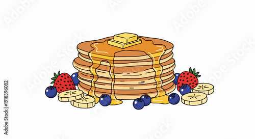 Ilustracja apetycznego stosu puszystych naleśników z syropem klonowym, masłem, truskawkami, jagodami i plasterkami banana.