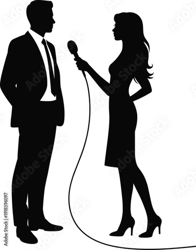 Silhouette of female reporter interviewing businessman, media news journalism concept, man and woman with microphone, press conference, flat vector illustration