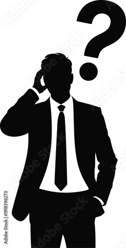 Thinking businessman silhouette with question mark, flat vector illustration of confused professional male in suit seeking answers for corporate problem solving