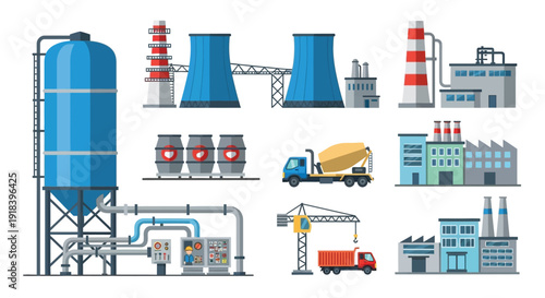 Industrial complex illustration featuring factories silos and transport vehicles