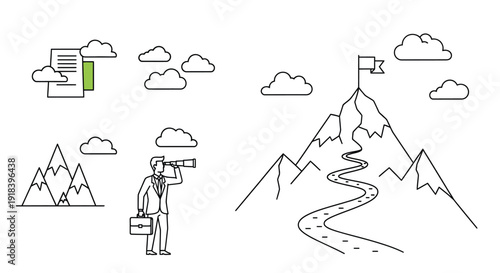 Illustration depicting data storage mountains and a person observing
