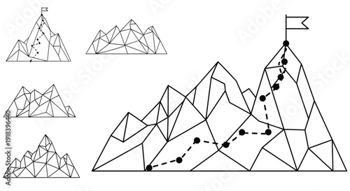 Geometric mountain range illustration with dotted path and black lines