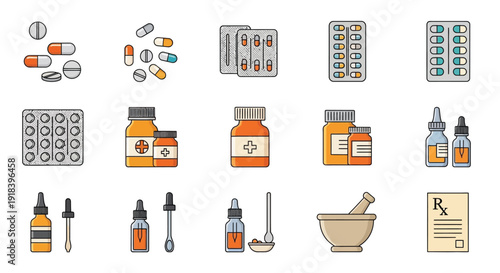 Variety of pharmaceutical pills bottles syringes and medical tools