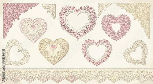 Eleganckie koronkowe serca w stylu vintage, dekoracyjne narożniki i obramowania w delikatnym różu i beżu do romantycznych projektów.