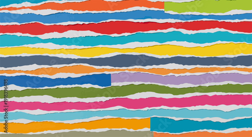 Kolorowe, rozerwane paski papieru z postrzępionymi krawędziami tworzą dynamiczne, abstrakcyjne tło idealne do kreatywnych projektów.