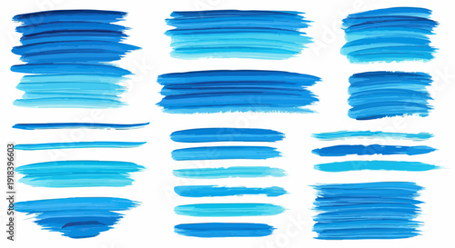 Kolekcja niebieskich pociągnięć pędzla akwarelowego o różnych odcieniach błękitu, tworząca abstrakcyjne tło z płynnymi formami i artystycznymi teksturami.