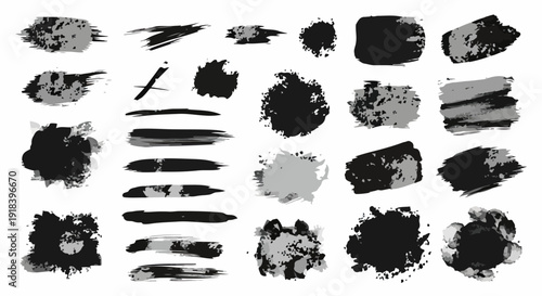 Kolekcja czarnych i szarych pociągnięć pędzla, plam atramentu i tekstur grunge, idealna do projektów graficznych.