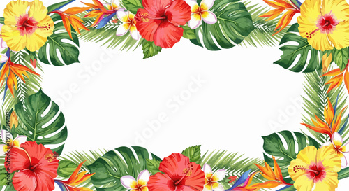 Akwarelowa ramka z egzotycznymi kwiatami hibiskusa, plumerii i liśćmi monstery, idealna na letnie zaproszenia i dekoracje.