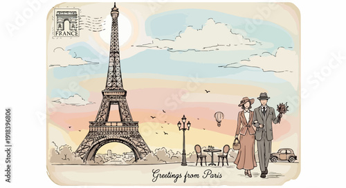 エッフェル塔と凱旋門が描かれたヴィンテージ風のパリのポストカードに、歩くカップルとクラシックカーがノスタルジックな旅の雰囲気を醸し出す。