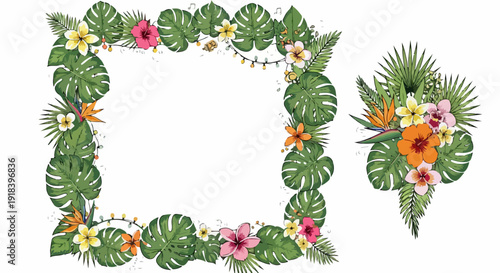 Tropikalna ramka z liści monstery i palm oraz bukiet egzotycznych kwiatów hibiskusa, plumerii i strelicji, idealne na letnie zaproszenia.