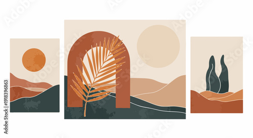 Zestaw trzech minimalistycznych, abstrakcyjnych obrazów w stylu boho z motywami słońca, łuków, liści palmowych i pustynnych krajobrazów w ciepłych barwach.