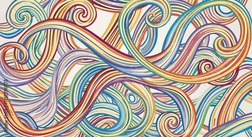 鮮やかな虹色の波打つ線と渦巻くストライプが複雑に絡み合い、流れるような動きと活気に満ちた抽象的な背景デザインを形成しており、創造性やエネルギーを表現しています。