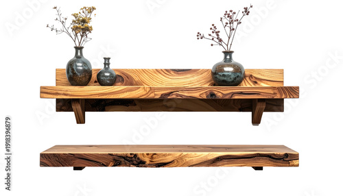 Two floating wood shelves hold decorative items on a stark, isolating black background