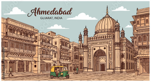 Ilustracja ulicy w Ahmedabadzie, Indie, z charakterystyczną architekturą, zabytkowym meczetem i rikszą, oddająca urok miasta.