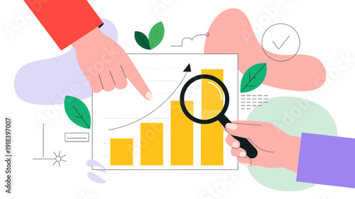 An illustrative image depicts hands examining a growth chart with a magnifying glass suggesting analysis and positive progress monitoring high quality professional detailed modern elegant stylish