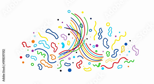 白い背景にカラフルな線、点、そして曲線が飛び散る、お祝いやパーティーを連想させる抽象的なイラストレーション。