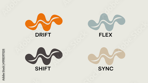 This image displays four abstract wave like logos labeled drift flex shift and sync each with distinct color schemes high quality professional detailed modern elegant stylish