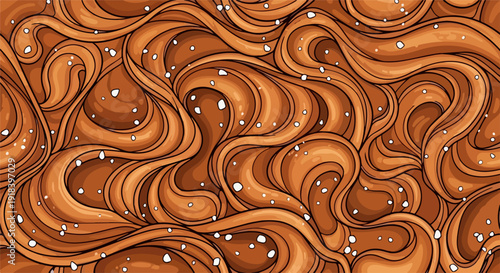 キャラメルやチョコレートのような甘く豊かな茶色の渦巻き模様に白い粒が散りばめられた、食欲をそそる液体テクスチャの背景。