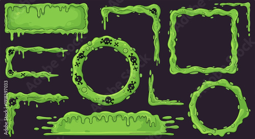 ドロドロと垂れる緑色のスライムや毒々しい頭蓋骨のシンボルで飾られた、不気味な漫画風のフレームとボーダーのセット。