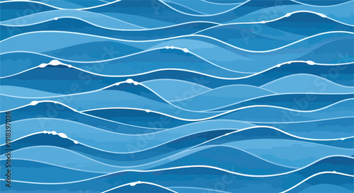 鮮やかな青色のグラデーションが織りなす、白い泡を伴うダイナミックな波が連続する美しい水面のパターン背景イラストは、海や水の動きを表現しています。