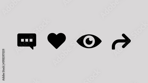 A minimalist graphic displays four simple dark grey icons a chat bubble a heart an eye and a curved arrow high quality professional detailed modern elegant