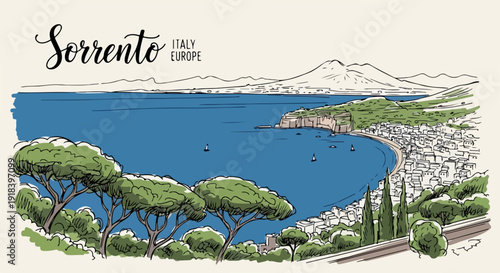 Urocza, ręcznie rysowana ilustracja Sorrento we Włoszech, prezentująca malownicze wybrzeże Morza Śródziemnego, Zatokę Neapolitańską i Wezuwiusz.