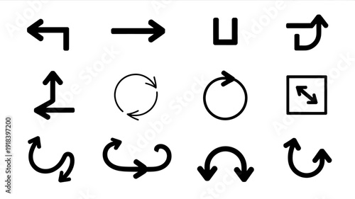A collection of black directional arrows and looping symbols are displayed against a plain white background showcasing various movement paths high quality professional detailed modern elegant