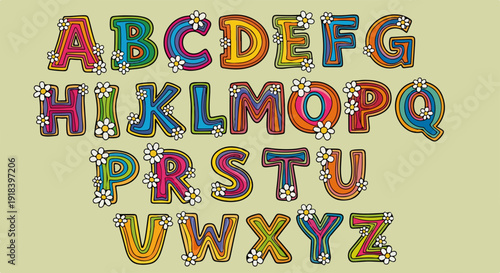 カラフルな花柄の装飾が施された、手描き風で楽しい英語アルファベットAからZの教育的なイラスト。子供たちの学習意欲を高める鮮やかなデザイン。