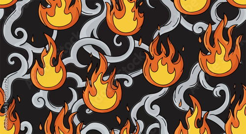 黒い背景に燃え盛る炎と渦巻く煙がシームレスに繰り返される、熱気と危険を表現した漫画風の火災パターンデザイン。エネルギーや情熱を象徴するグラフィック素材。