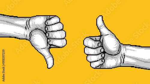 A stark black and white illustration depicts two hands displaying opposing gestures a thumbs down on the left and a thumbs up on the right