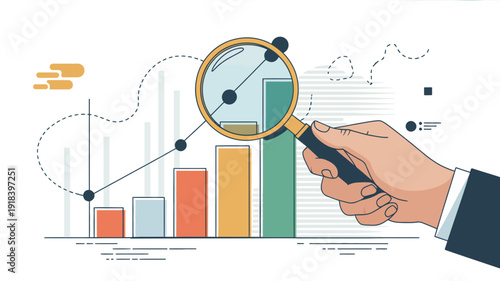 An illustration depicts a hand holding a magnifying glass over a bar graph symbolizing data analysis and detailed examination of statistics high quality professional modern elegant