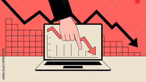 A hand points to a declining graph displayed on a laptop screen illustrating financial loss and market downturn with sharp declines high quality professional detailed modern