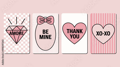 Four rectangular cards are displayed each featuring a different pink valentine s day themed illustration and heartfelt message high quality professional detailed modern elegant stylish clean