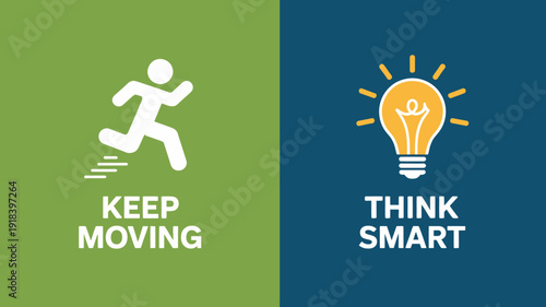 A split screen graphic features a running figure on the left and a lightbulb on the right accompanied by motivational text high quality professional detailed modern