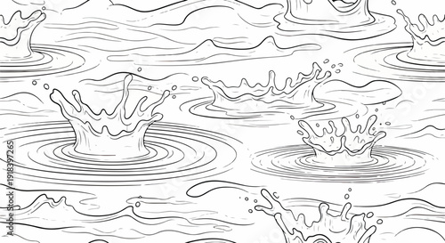 白黒の線画で描かれた、水しぶきと波紋が広がる水の表面のシームレスなパターン背景。水滴が飛び散る様子が活気に満ちた抽象的なイラスト。