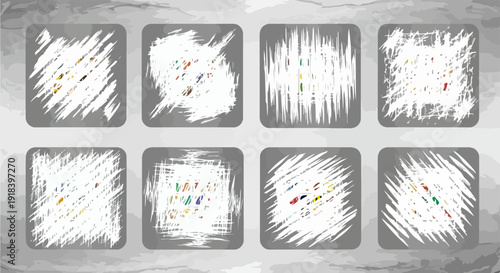 ウェブサイトやアプリのUI、クリエイティブな背景素材として活用できる、抽象的なカラフルな要素と擦れた質感が特徴のグランジ風スクエアフレーム8個セット。