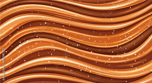 茶色とオレンジ色の波打つチョコレートとキャラメルの流れが白い粒で飾られた、甘くて美味しそうな抽象的なデザート背景。