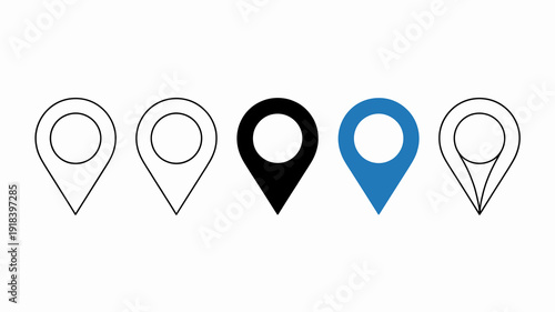 A series of five location pin icons are displayed varying in color and fill against a clean white background high quality professional detailed modern elegant stylish
