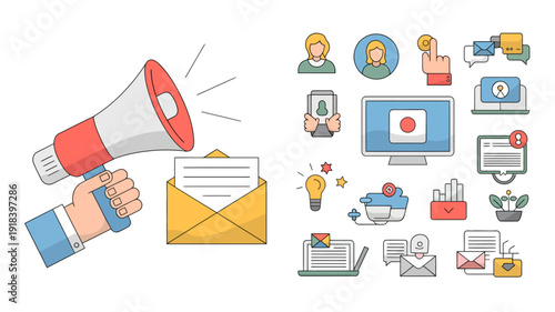 A colorful illustration depicts various digital marketing and communication icons including a megaphone email social media and data analysis high quality professional detailed modern elegant stylish