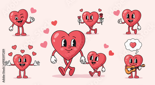 愛と幸福の感情を表現する、レトロな漫画スタイルの顔と手足を持つ赤いハートキャラクターたちの可愛らしいイラストセット。