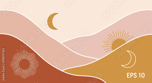 柔らかなアースカラーの抽象的な丘と山々が重なり合うボヘミアン調の風景イラストで、太陽と月が調和して配置されたミニマリストなデザイン。