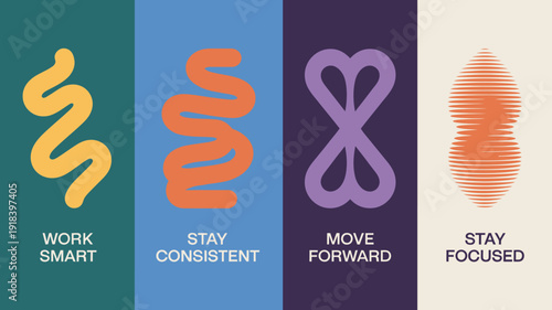 A vibrant graphic features four panels each with a unique abstract shape and corresponding motivational text work smart stay consistent move forward stay focused high quality