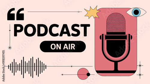 A vibrant illustration depicts a podcast theme featuring a microphone eye and sound waves against a soft pink backdrop high quality professional detailed modern elegant stylish