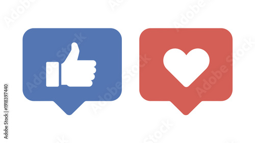 A graphic depicts two social media reaction icons a white thumbs up within a blue speech bubble and a white heart in a red bubble
