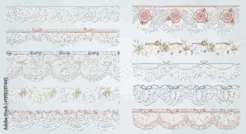 繊細な花柄やリボン飾りがあしらわれた、エレガントでビンテージ感のある様々なレースボーダーセット。装飾的なデザインが特徴で、クラシックな雰囲気を持つ。