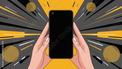 A digital illustration showcases a smartphone held by two hands surrounded by dynamic radiating lines in a halftone style high quality professional detailed modern elegant stylish
